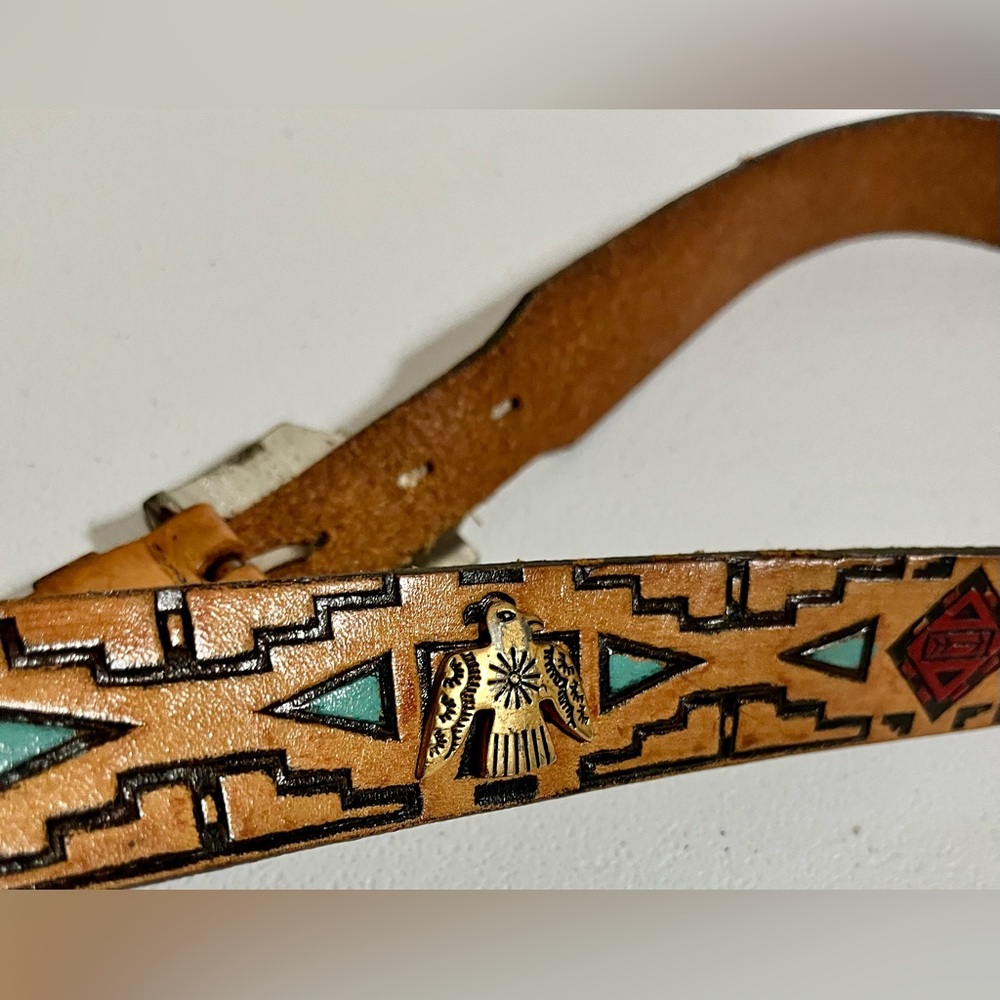 Native American Southwestern Style Tan Leather Belt with Silver Buckle - Picture 5 of 15